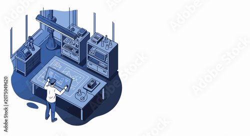 Isometric Illustration of a Modern Kitchen with Chef at Work.