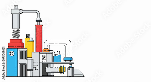 Detailed Illustration of Industrial Machinery and Equipment in Operation.