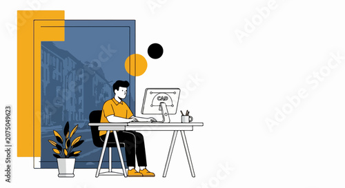 Man working at desk with computer in modern office environment.