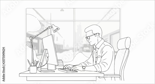 Focused Professional Working on Computer in Modern Office Setting.
