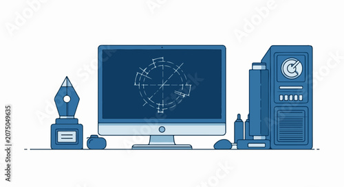 Modern Computer Setup with Blueprint Design on Screen Vector Illustration.