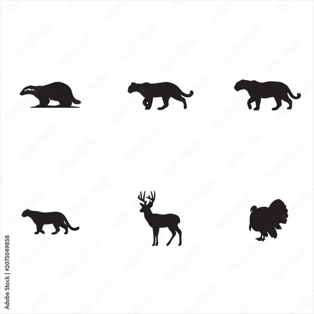 Obraz premium Black silhouette icons of wild forest animals set Vector