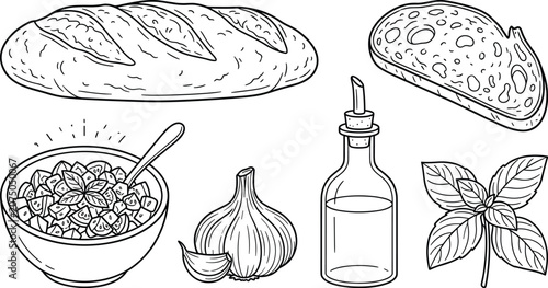 Bild auf Leinwand Italian Bruschetta Cooking Ingredients Vector Set Featuring Baguette Bread Loaf