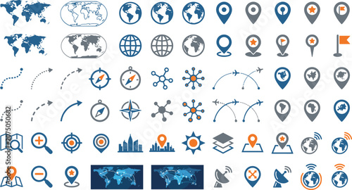 Canvastavla Global map navigation and travel vector icon mega bundle featuring world maps lo