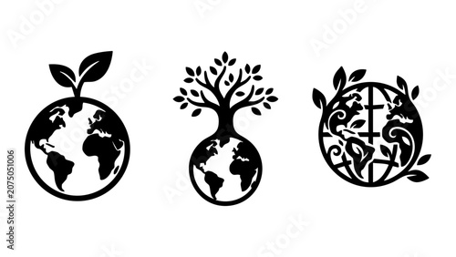 Black eco earth globe icons with growing plants and trees