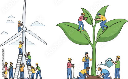 Diverse Team of Professionals Working Together to Maintain Giant Wind Turbine and Growing Green Sprout for Global Sustainability