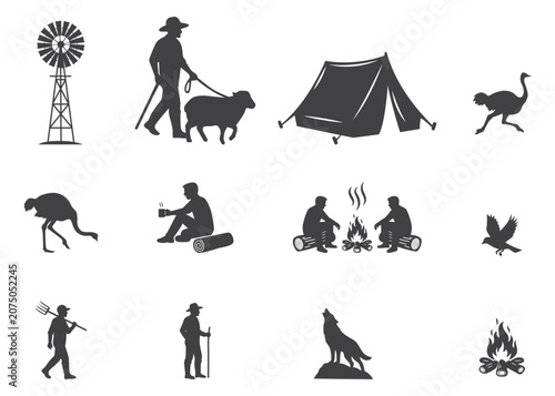 Camping and outdoor life silhouette icon set isolated on transparent background.