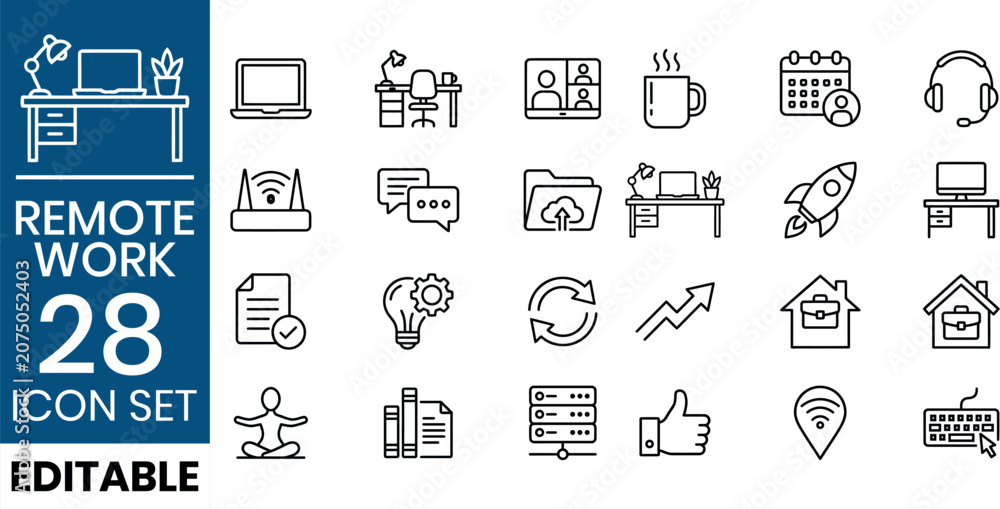 Fototapeta premium Remote work icon set editable vector graphics for telecommuting and online business