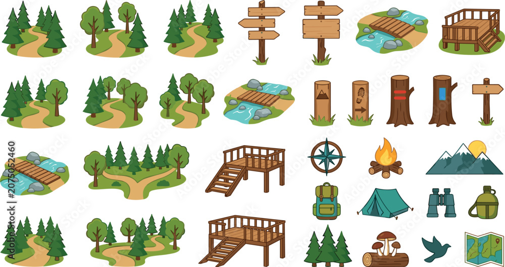 Fototapeta premium Hiking and camping trail creator kit vector icons with forest paths wooden signs bridges and tents for outdoor tourism map infographic design