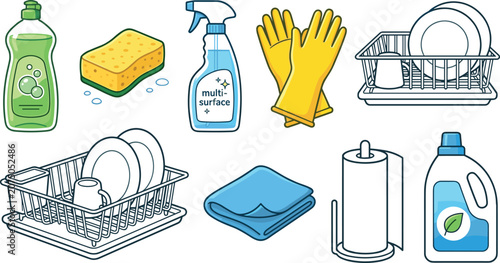 Photos Household cleaning and dishwashing supplies vector icon set featuring dish soap