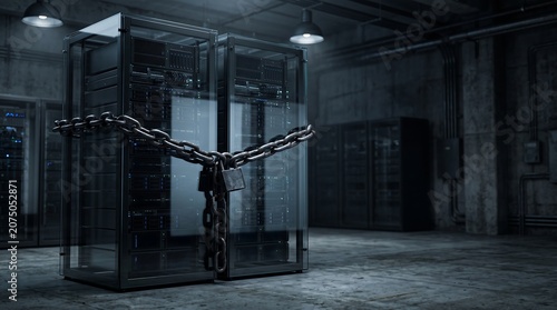 A heavy iron chain secures a metal cage enclosing a server in a dimly lit industrial room.
