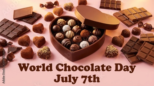 Assorted chocolate candies and truffles scattered playfully on a soft pink background for celebratory greeting banner