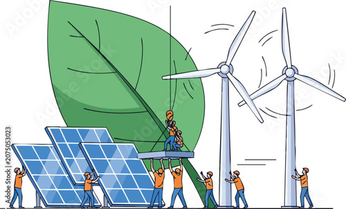 Environmentalists Installing Solar Panels and Wind Turbines Next to a Large Green Leaf for Global Sustainability Concept