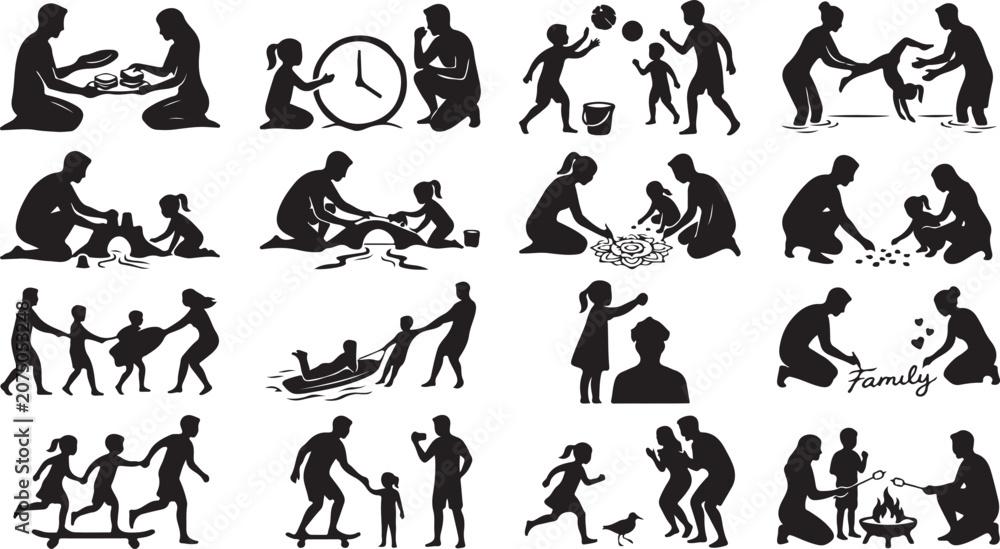 Obraz premium Set of silhouettes of a happy family spending time together, parents and children playing and having fun