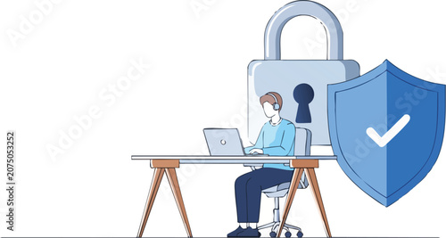 Focused Remote Professional Working at Sleek Desk Protecting Data With Large Security Padlock and Blue Shield Symbol