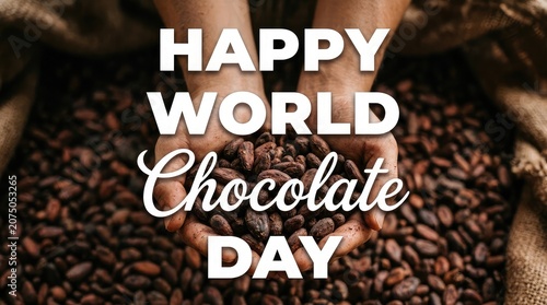 Full frame texture background of roasted dark cocoa beans filled with world chocolate day celebration typography text