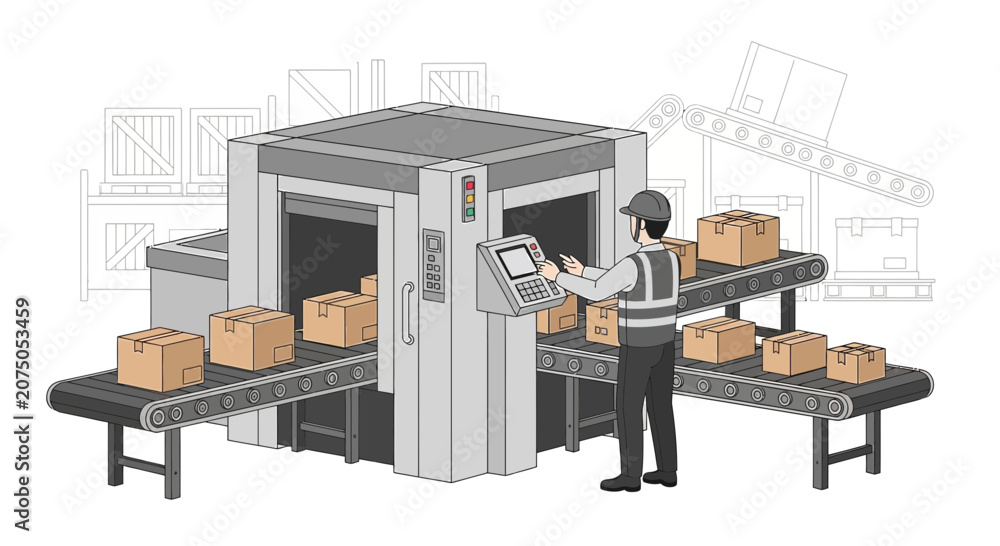 Fototapeta premium Automated Warehouse Conveyor Belt System with Worker and Scan Machine