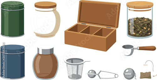 фотографія Loose leaf tea storage and accessories set illustration with wooden box tin cani