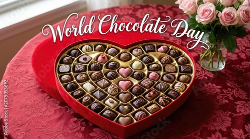 Heart shaped box full of premium chocolate pralines on a bright red background with beautiful pink roses