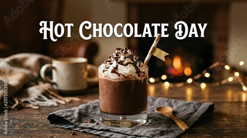 A cozy mug of rich hot chocolate topped with fluffy marshmallows on a rustic winter wooden table
