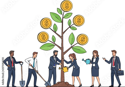 Group of Professional Partners Working Together to Grow a Money Tree With Gold Coins Symbolizing Successful Wealth Investment