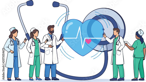 Healthcare Professionals Working With a Giant Stethoscope and Digital Heart Icon Displaying Modern Medical Innovation and Technology