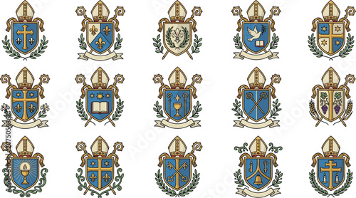 Photos Flat vector illustration set of original blue and gold clergy heraldic symbols f