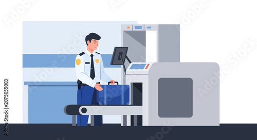 Airport Security Scanner, Guard with Luggage on Conveyor Belt