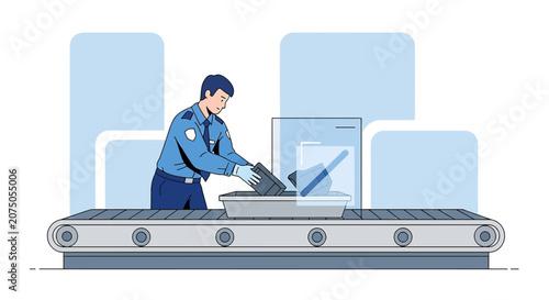 Airport security scanner, officer checking luggage on conveyor belt
