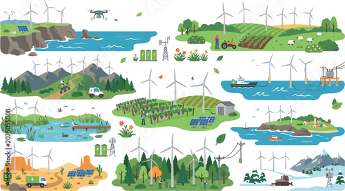 Fotografie Flat vector illustration set of renewable energy landscapes featuring wind turbi