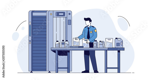 Airport Security Scanner, Officer Inspecting Liquids and Bags