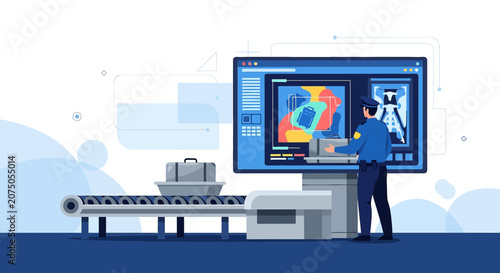 Airport Security Scanner, Officer Checks Luggage X-ray Image, Safety Checkpoint
