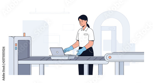 Airport Security Scanner, Woman Scanning Laptop at Checkpoint