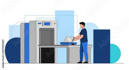 Airport Security Scanner; Man Submitting Laptop for X-ray