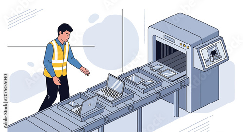 Airport security scanning baggage. Man in vest checks items on conveyor belt.