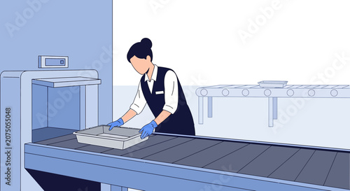 Airport security screener checks tray on conveyor belt at checkpoint