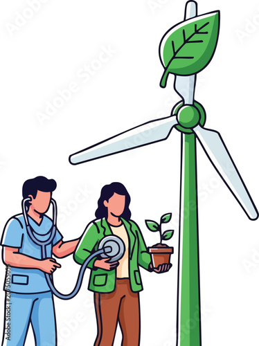 Healthcare Professional With Giant Stethoscope Interacting With Environmentalist Near Wind Turbine for Global Health and Sustainability Scene