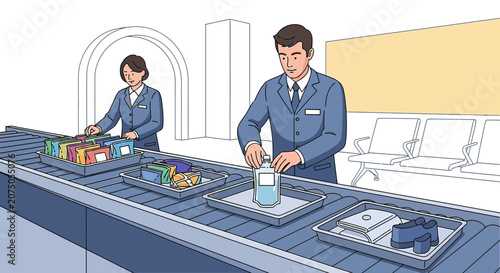 Airport Security Screening - Passengers and Staff at X-ray Scanner, Travel Concept