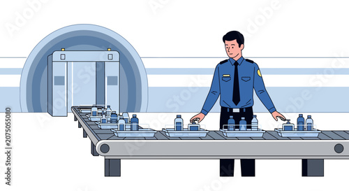 Airport Security Screening - Officer and Baggage Conveyor Belt with Liquids