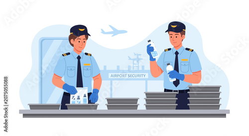 Airport Security Officers Inspecting Luggage and Liquids at Checkpoint