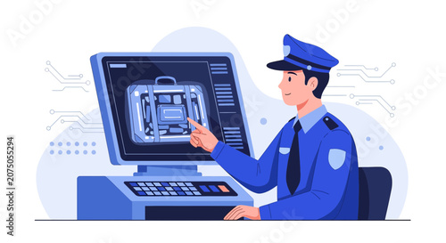 Airport security officer inspects luggage on x-ray screen