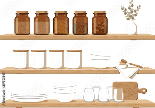 Obraz na plátně Minimalist kitchen shelves illustration with amber glass jars white ceramic cani