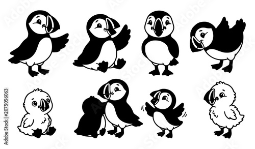 Schilderij op canvas Puffin Bird Family Set with Baby Chick Cute Cartoon Vector Illustration