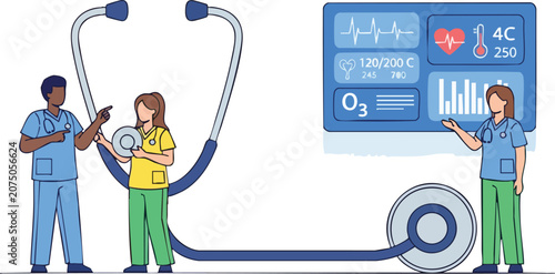 Medical Professionals in Scrubs Analyzing Healthcare Data on Large Digital Screen Near Giant Stethoscope Isolated on White