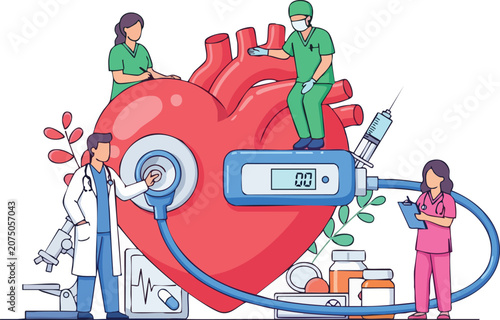 Medical Professionals Providing Modern Healthcare Services With Giant Red Heart and Digital Stethoscope on White Background