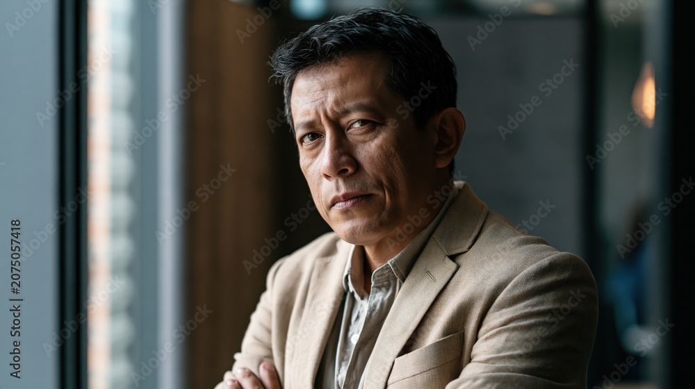 Fototapeta premium Vishing Scam Middle Aged Filipino Slim Man Shirt Calm