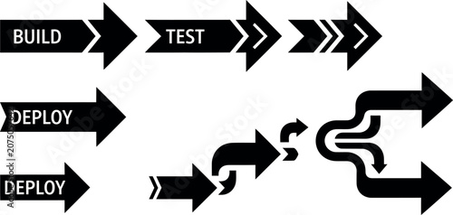 Vector Illustration of Directional Arrows Showing Build, Test, Deploy Process in Business Workflow