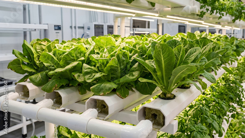 Fresh green leafy plants growing in a modern hydroponic system with nutrient rich water solution