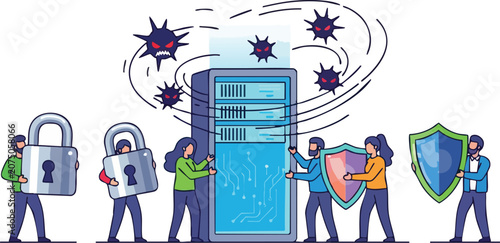 Professional Information Technology Security Experts Protecting Mainframe Database From Cyber Attacks With Shields and Padlocks