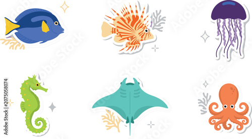 Tableau sur toile PrintMarine Life Vector Sticker Set with Blue Tang Fish, Lionfish, Jellyfish, Se